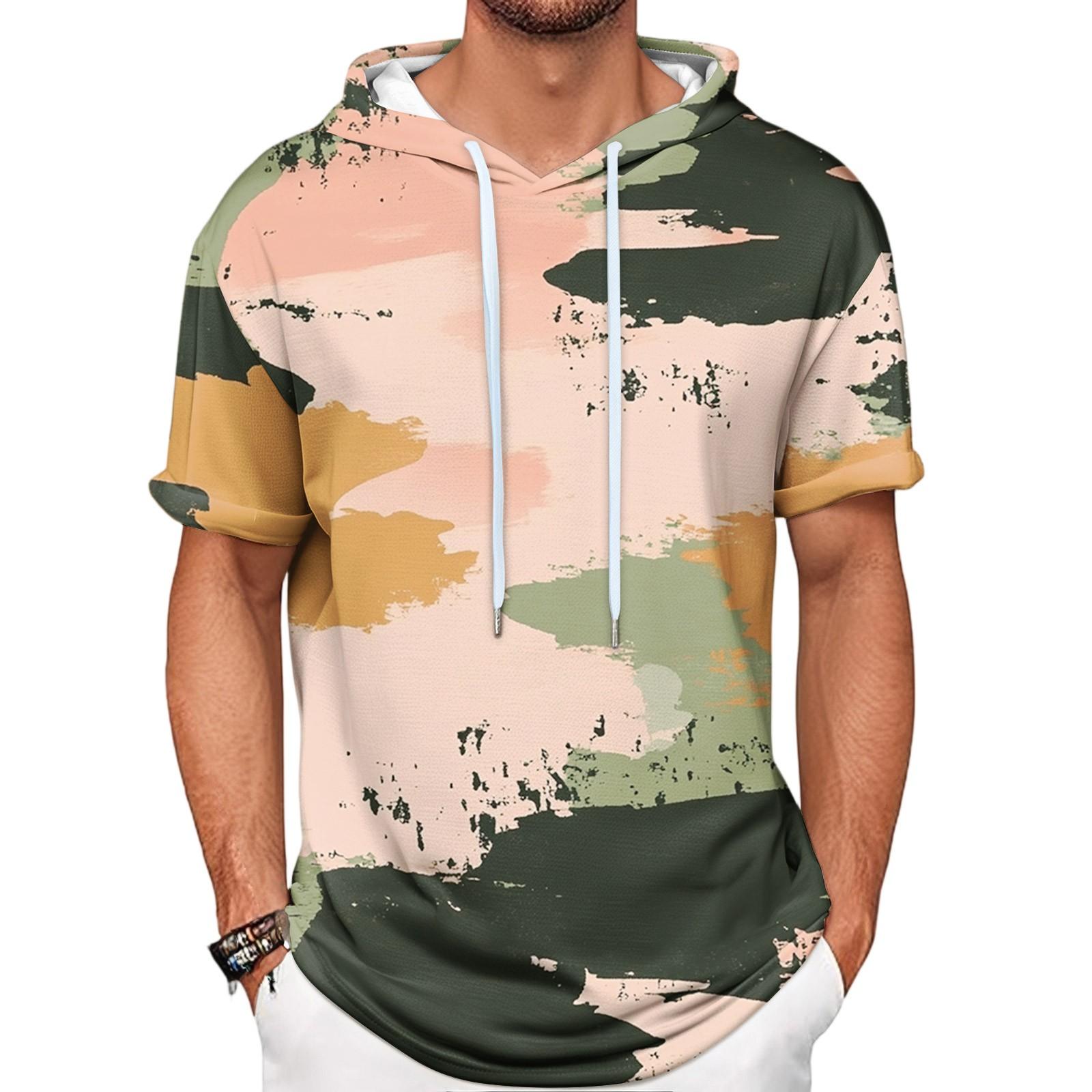 

Gradient Print Men s Shirt Hooded Short-sleeved Hooded Spring And Summer Casual Daily Wear M ціан