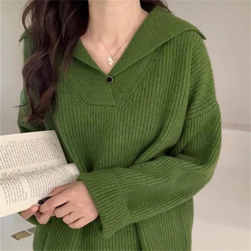 Solid color fashionable simple pullover sweater women's autumn and winter new versatile loose and thin knitted sweater top