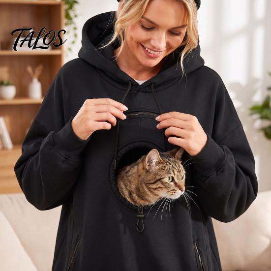 Oversized Women Hoodie Pet Pouch with Head Hole, Hooded Sweatshirt Casual Loose Fit Zipper Pockets, Dog Cat Carrying Pullover Top for Fall Winter Lady