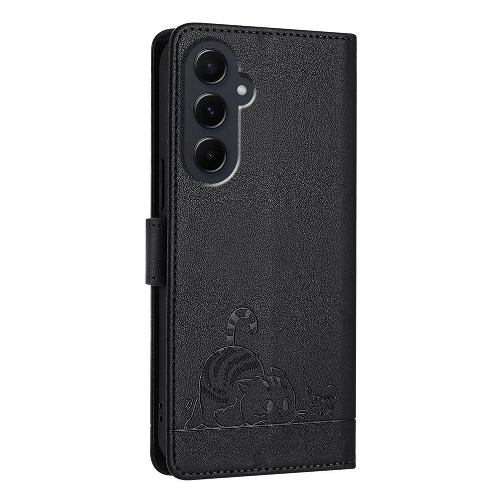 Für Samsung Galaxy A55 5G Hülle mit Riemen RFID-Blockierende Leder-Brieftasche Handyhülle Katze Maus Muster