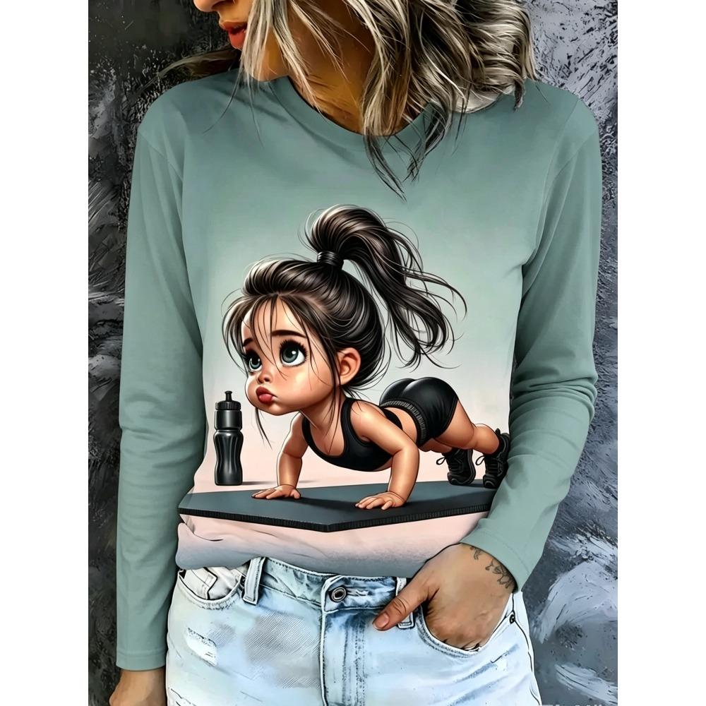 Cartoon Animal Portrait Printed T-shirt Women Loose Large Round Neck Casual Top Fashionable Versatile Leisure 3D Long Sleeved T-shirt