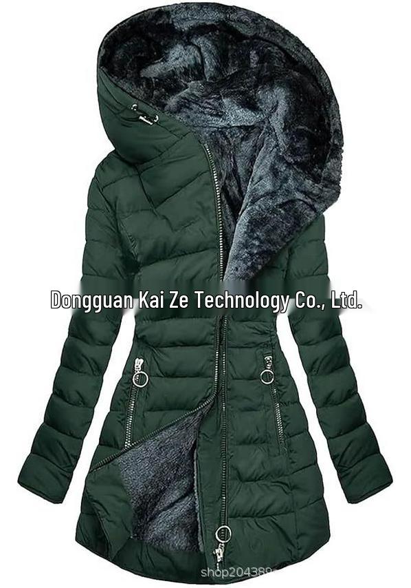 Mid-Length Slimming Hooded Jacket - Women's Thickened Cotton with Velvet Lining