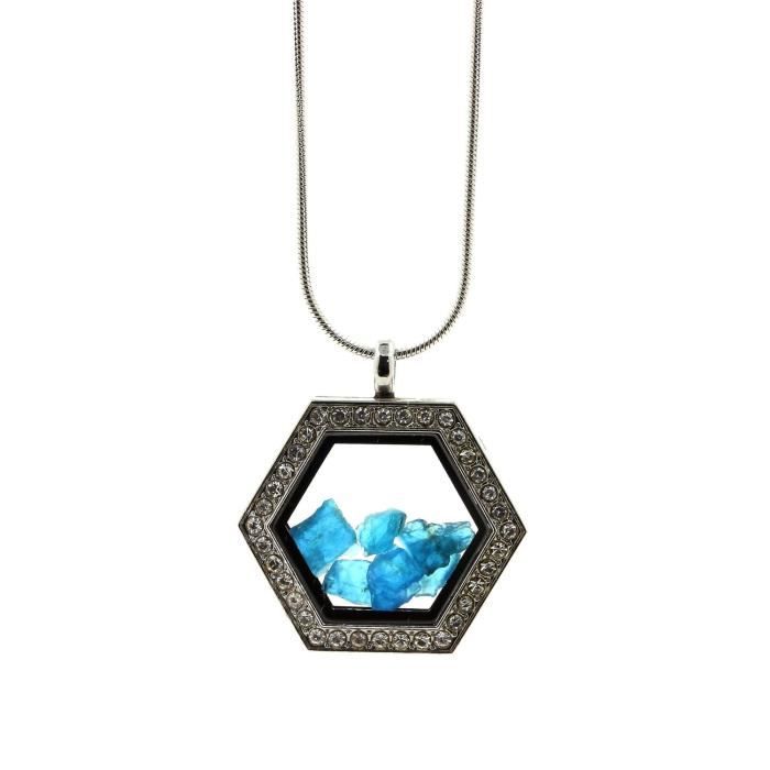 Collier Apatite bleu neon brut - ABIJOUX - Hexagone - Acier inoxydable - Verre flotté - Cristal