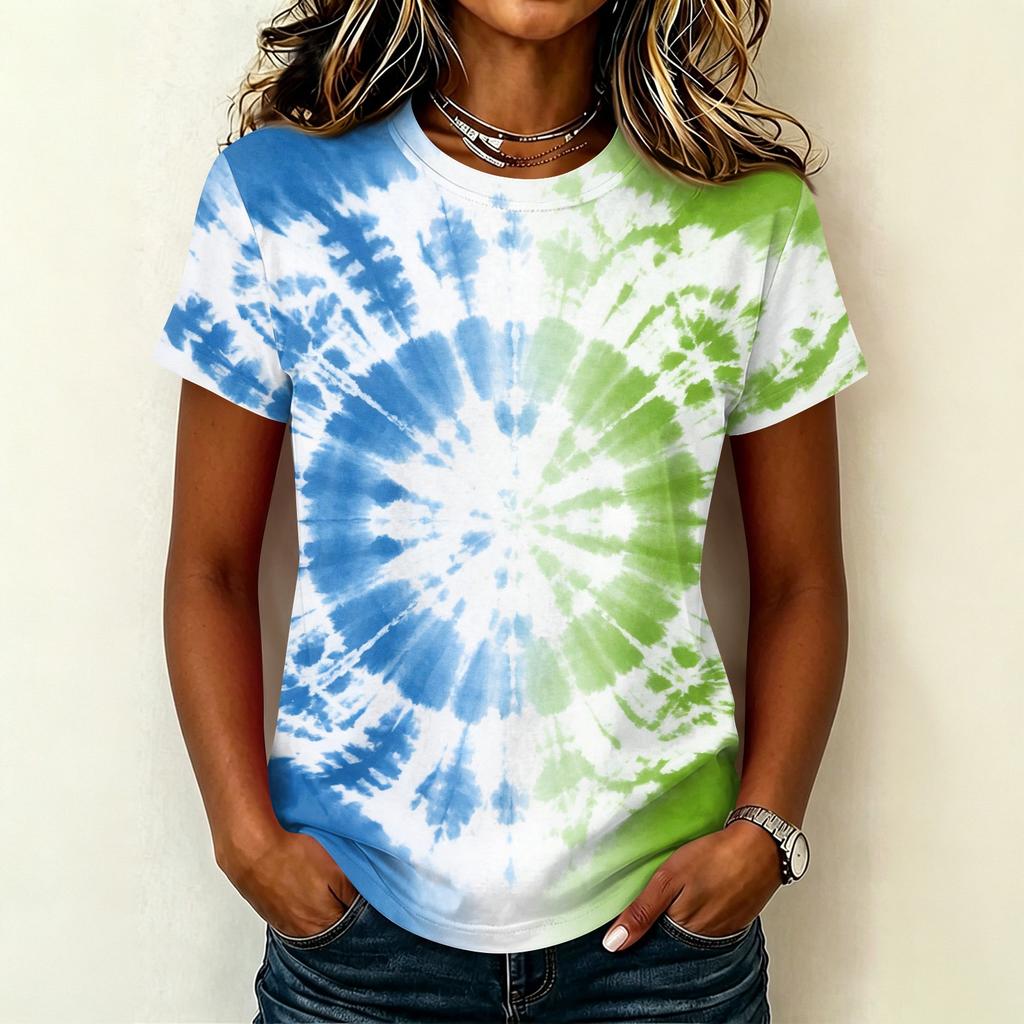 Women's Casual Pullover T Shirt Short Sleeve Round Neck Tie Dye Print Top Lightweight Comfortable Fit