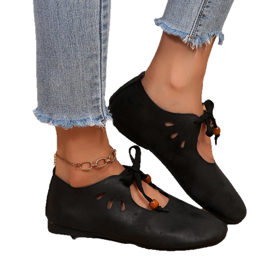 Spring and autumn new soft leather soft sole casual single shoes retro beaded straps hollow flat sole single shoes women