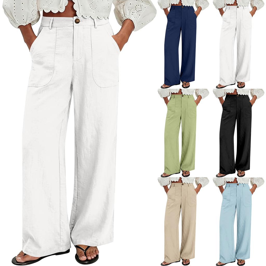 Women's -Color Casual Straight-Leg High-Waisted Wide-Leg Pants With Pockets