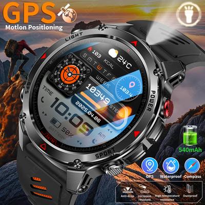 GPS Sports Waterproof Smart Watch Men 1.46“HD Full Touch Screen 500mAh Battery Flashlight Compass Bluetooth Call Smartwatch