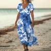Fashion Women's Summer V-neck Short Sleeve Tie- Retro Print Beach Dress