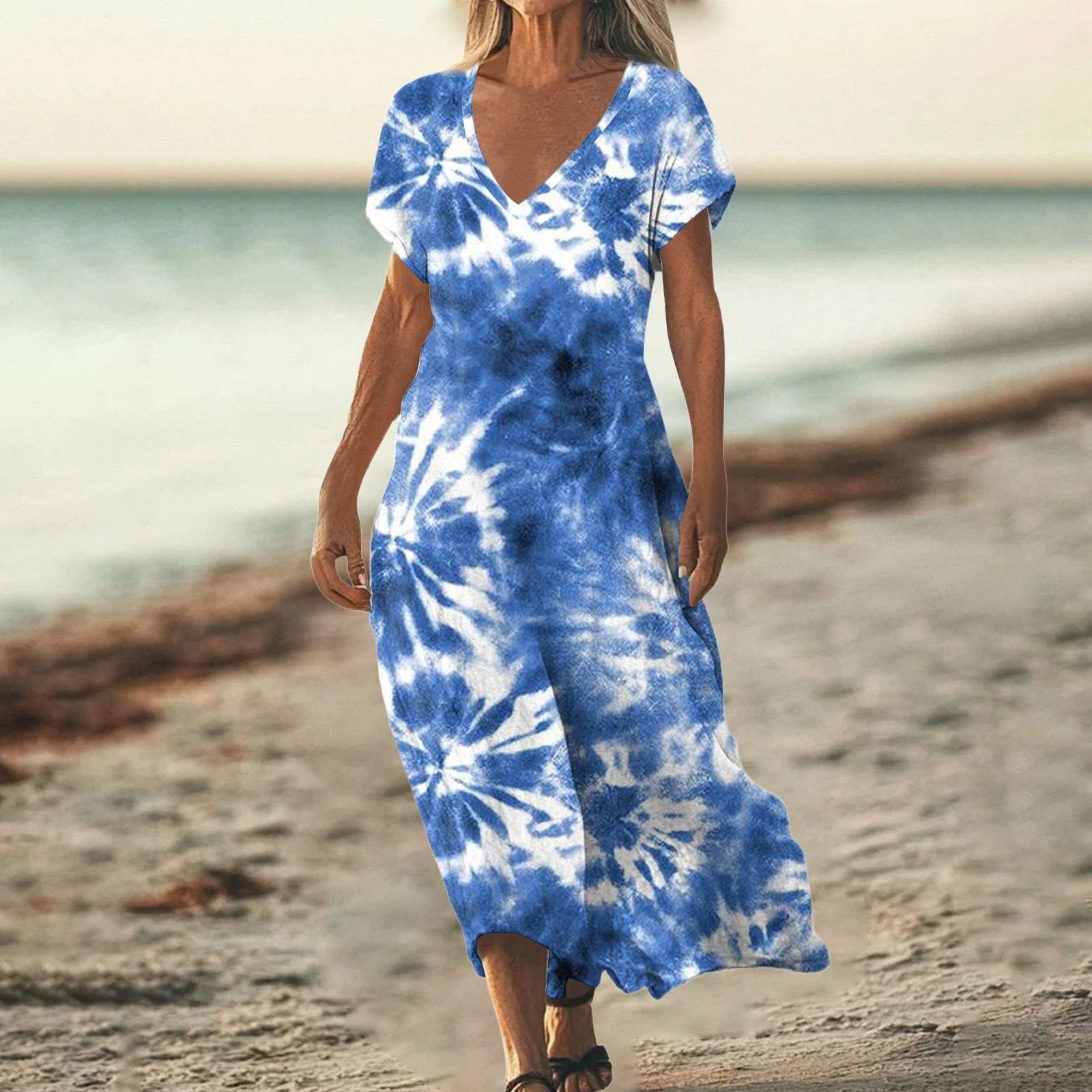 

Модное женское летнее платье с V-образным вырезом, короткими рукавами и завязкой - пляжное платье с ретро-принтом XL синий