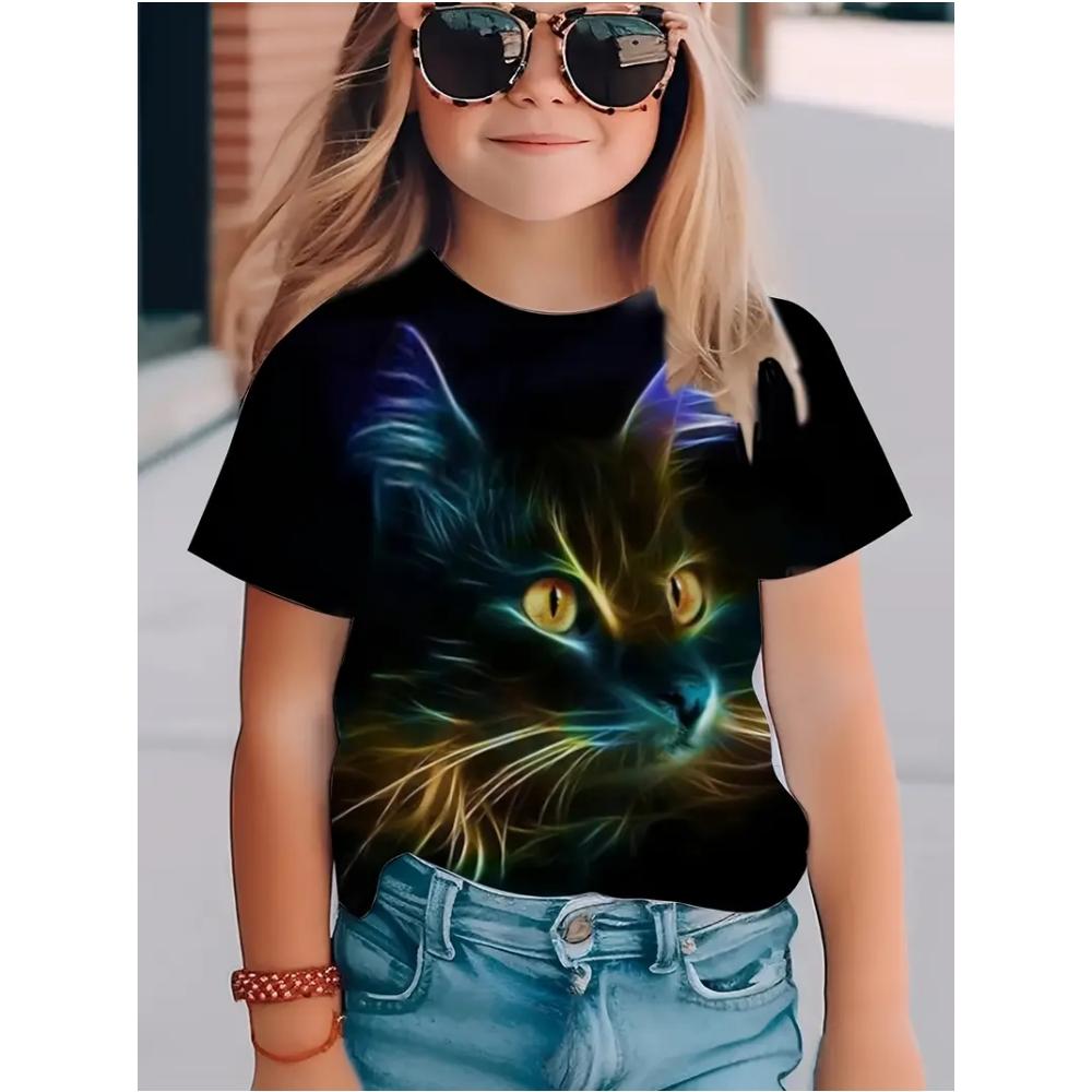 Kids Girls Clothes Cute Cat 3D Print Summer Short Sleeves Graphic Outdoor Children Cute Style