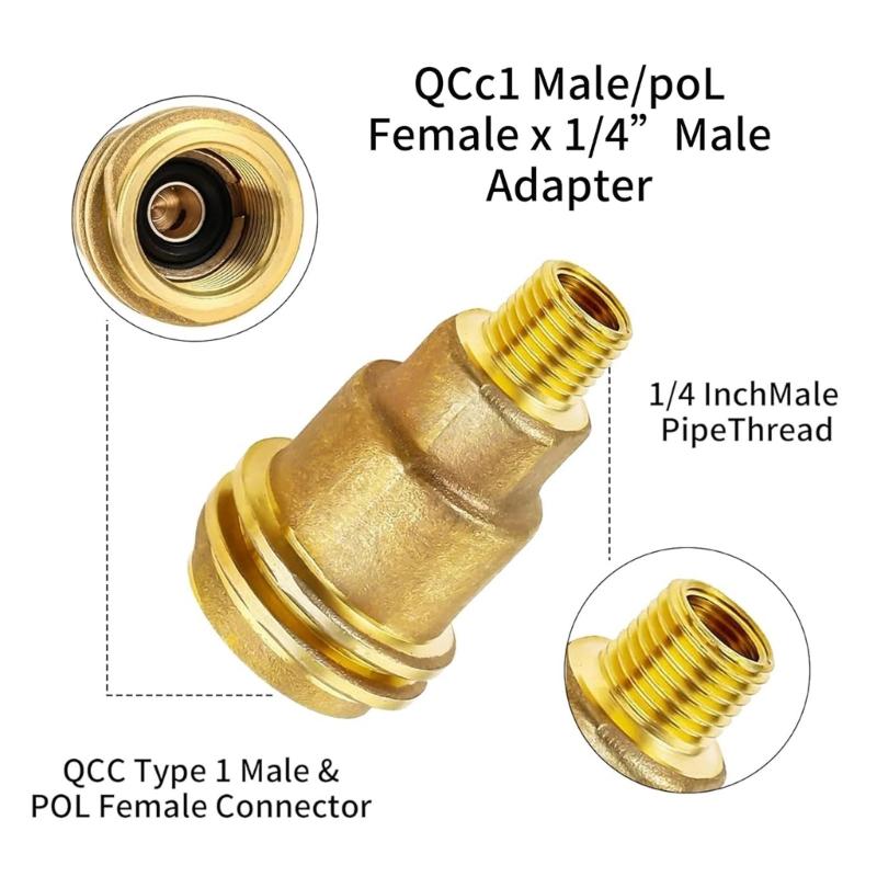 Professional Brass Connector Set QCC1 Tank Adapter & 3/8 Flared Pipe Fitting 1/4 Inch for Gas Refrigeration Lines