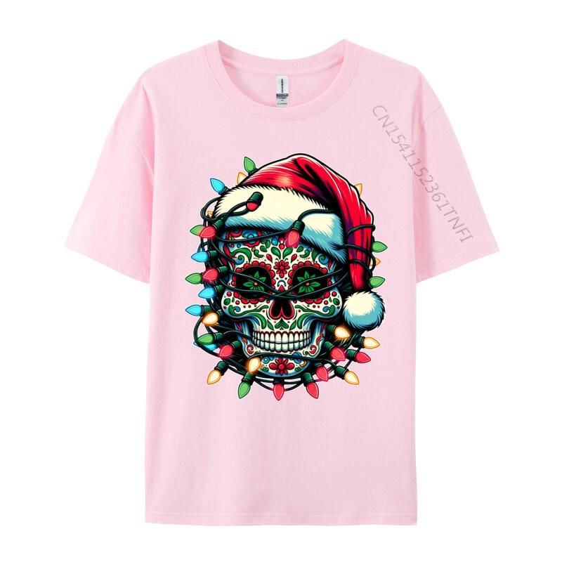 Weihnachten Zuckerschädel Weihnachtsmannmütze Lichter Tag der Toten X-Mas T-Shirts Herren T-Shirt Tops Baumwolle Oversized T-Shirt Herren Kleidung