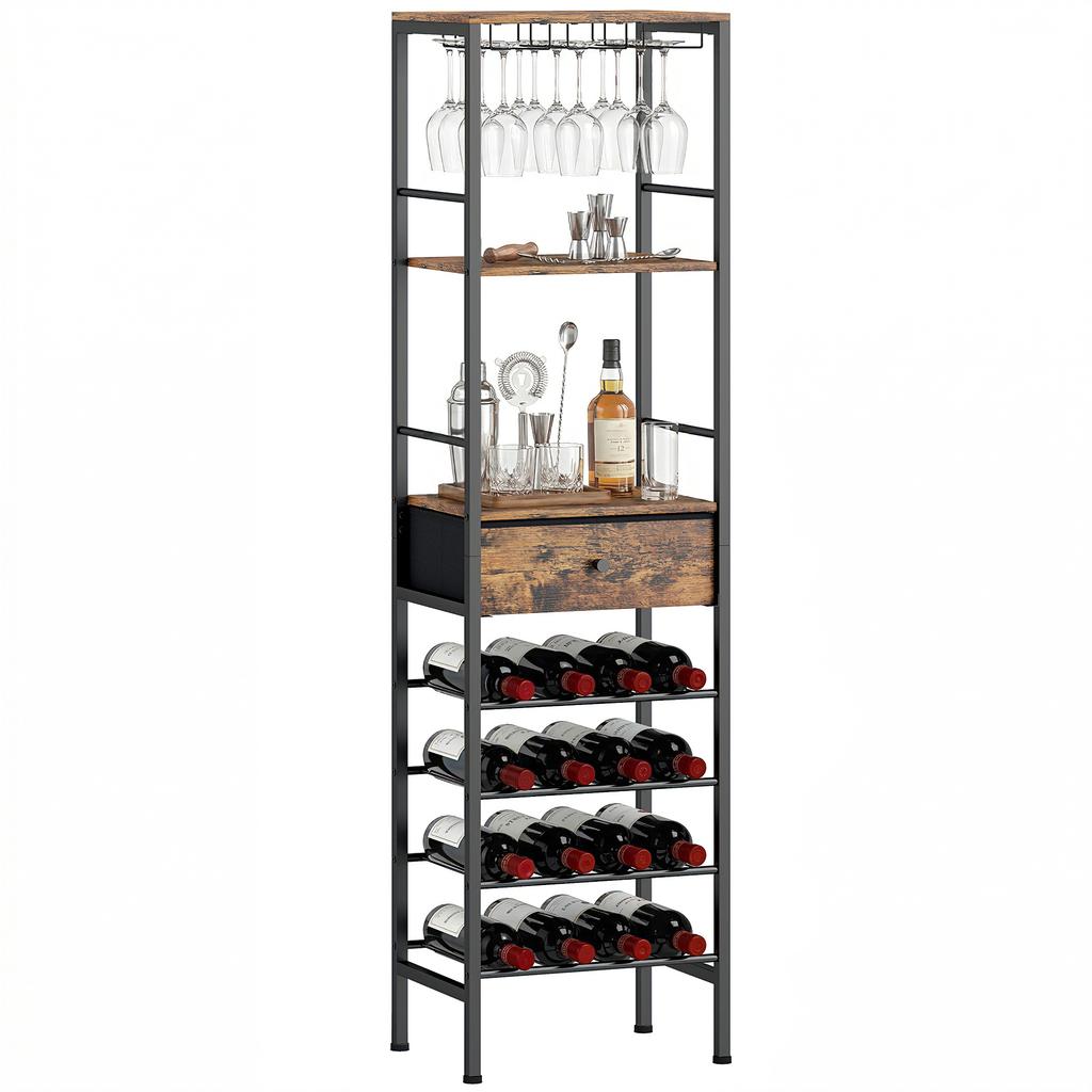 Industrial Wine Bar Cabinet Freestanding Liquor Cabinet 16-Bottle Wine Rack Glass Holder Rustic Brown
