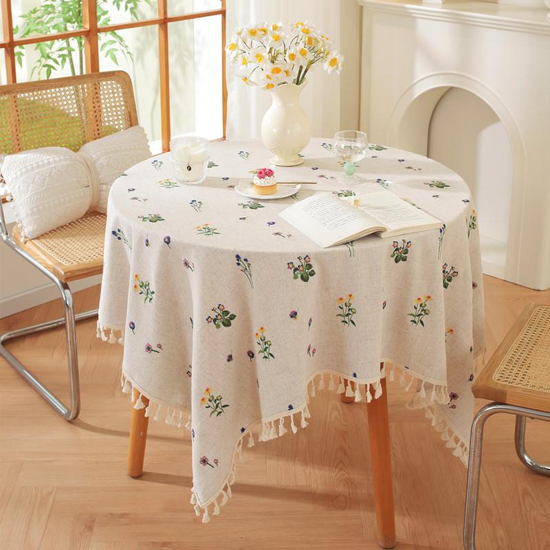 American Linen Natural Color Embroidery Embroidery Fringed Flower Coffee Table Tablecloth Dining Table Cloth Ins Decoration
