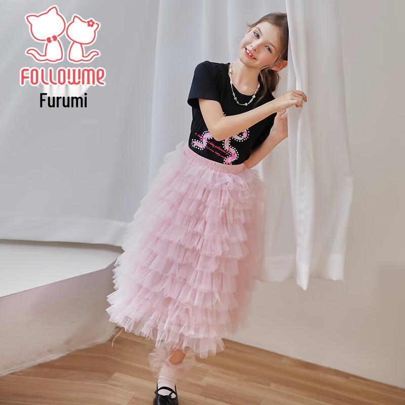 FULUOMI Girls' Summer Printed Short-Sleeve Mesh Skirt Two-Piece Set