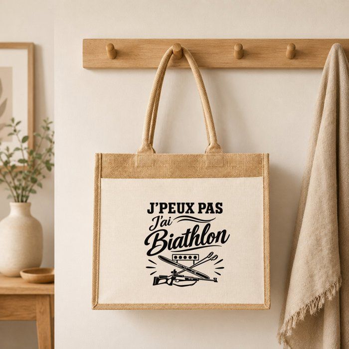 Sac Cabas Jute avec Poche J’peux pas j’ai Biathlon J'peux pas minimaliste | Toile de Jute et Coton 21 L Fond Plat Anses 65 cm