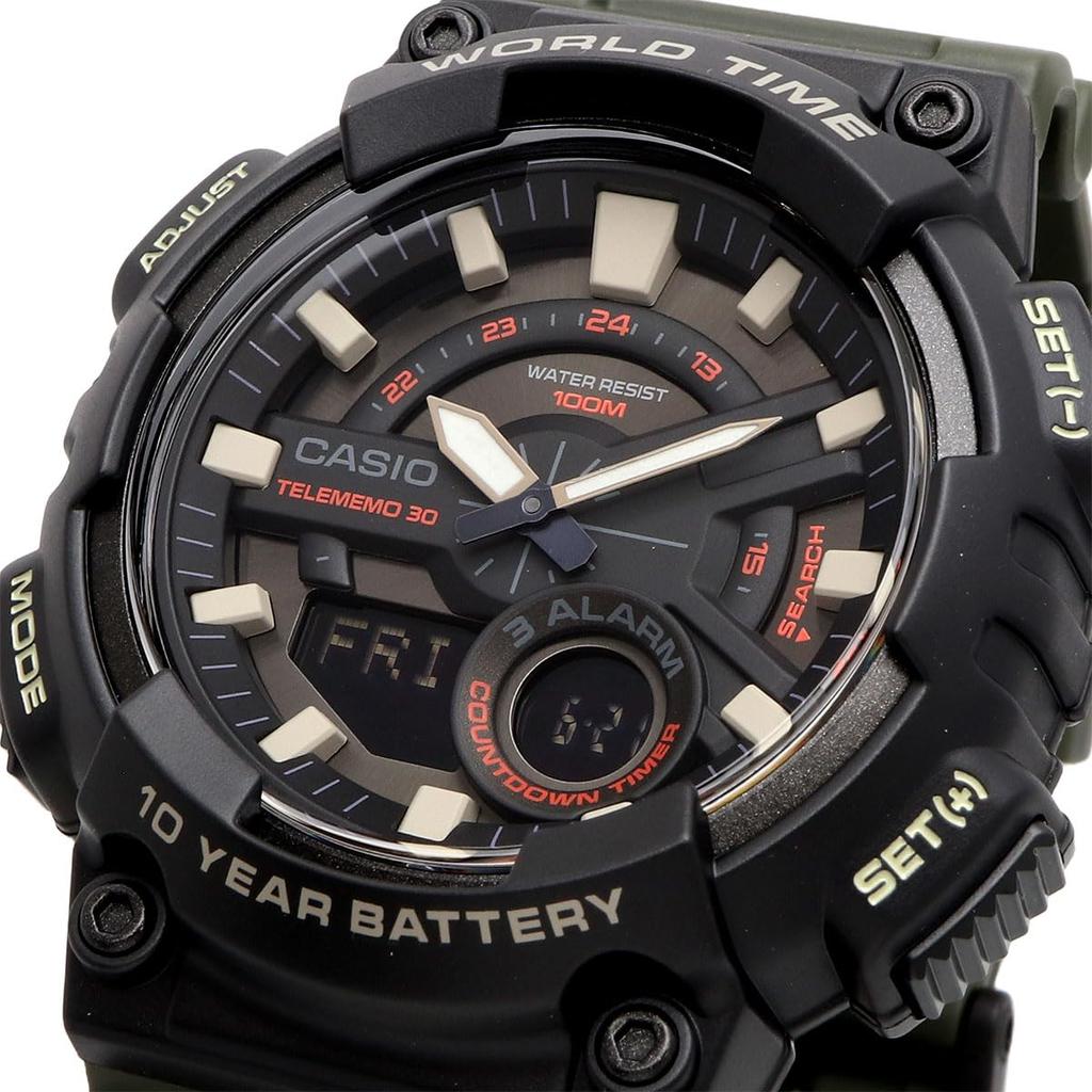 Casio AEQ-110W-3AV Men's World Time Analog-Digi Quartz Watch with Black Inverted LCD and Military Green Display (Imported)