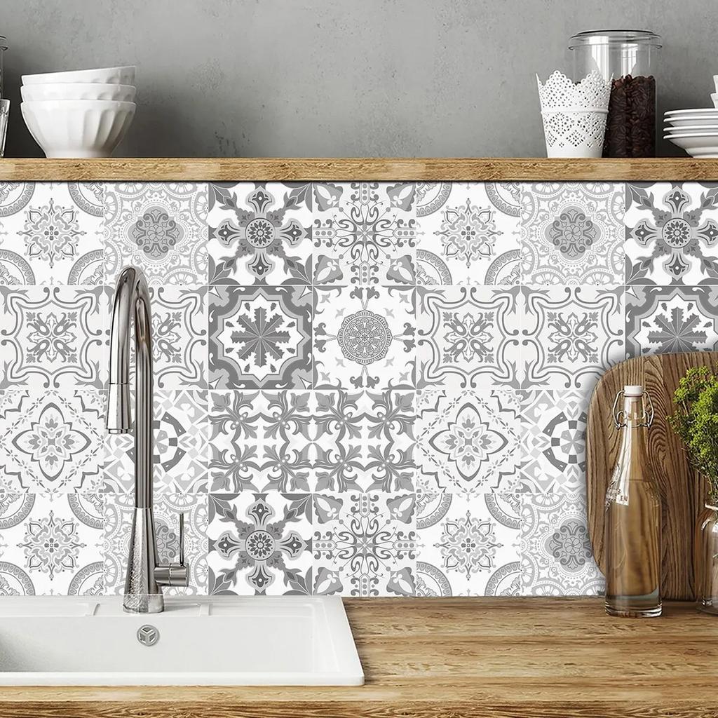 24Pcs Gray Moroccan Wall Sticker Art Water-Repellent Vinyl Peel And Stick Tile Sticker Home Decor Kitchen Bathroom