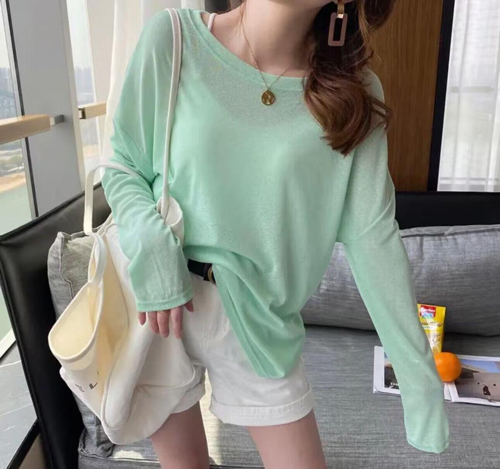 Bluză de vară pentru femei, culoare bomboană, cu mâneci lungi, largă, din mătase de gheață, protecție solară