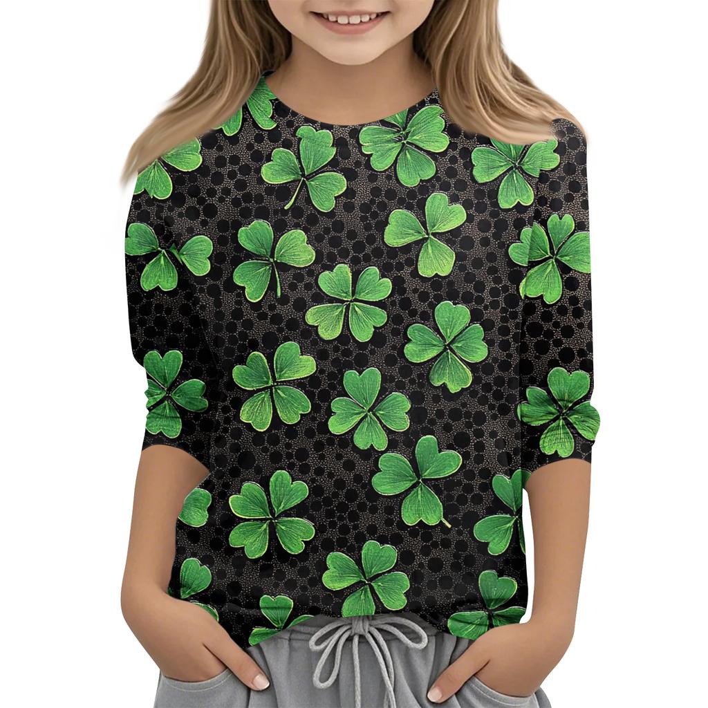St. Patrick's Day Print Tops For Youth Girls 4-11 Years Round Neck 3/4 Sleeves T-Shirts Trendy Tops Outfit Tees