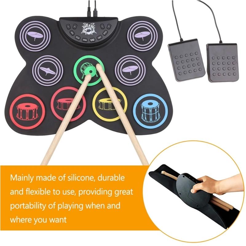 Elektronische Schlagzeugsets 9 Pads Rollbares Übungsschlagzeug mit eingebautem Lautsprecher Kopfhörer-USB-Anschluss für Kinder, Erwachsene, Anfänger