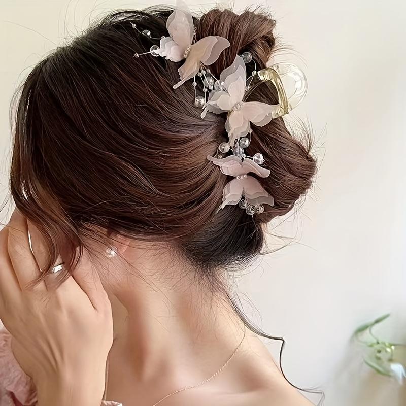 

1pc Elegant Butterfly Hair Clip, Black Fabric Butterfly with Pearl Design - Sweet Style for Back to School Wedding Beach Party