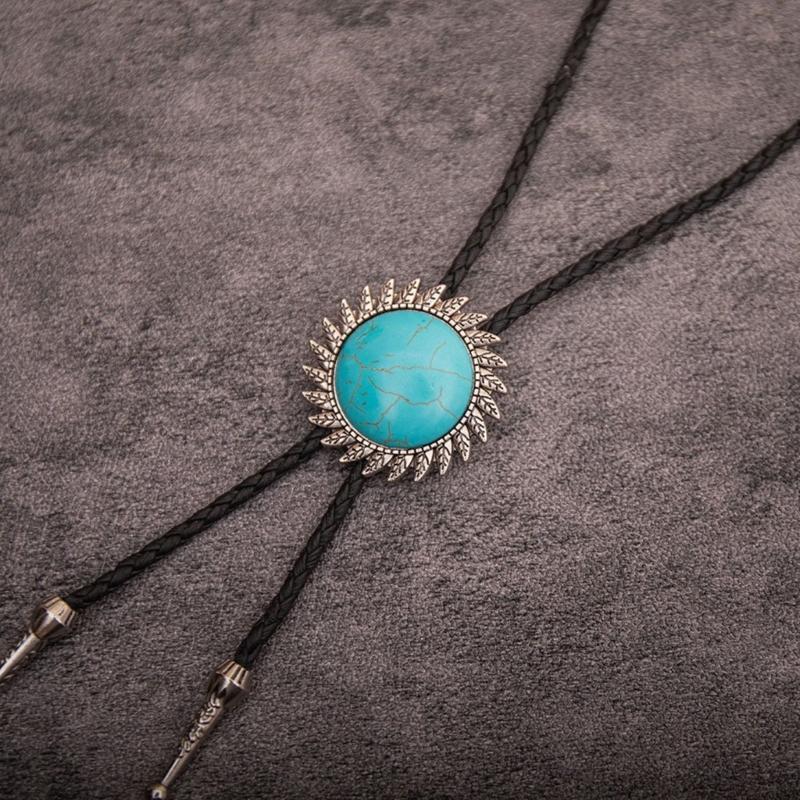 Bolo Tie for Women Men Western Bolo Tie Vintage Metal Flower Trim Stone Pendant Faux Leather Rope Necktie Tie Necklace