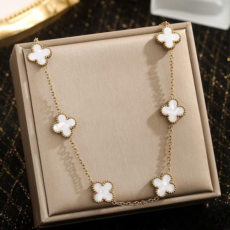 Модная Цепочка-свитер Двусторонний Четырехлистник Титановая Сталь Ожерелье - Минималистичный Роскошный Цветочный Кулон Чокер 18k белый