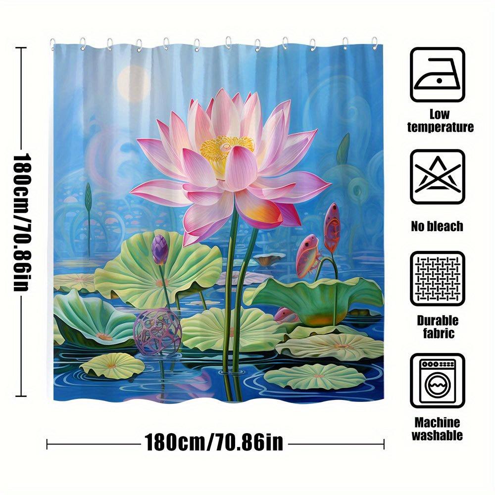 1Pc Pink For Lotus Flower Shower Curtain - Vibrant Water Scene With Green Pads & Serene Swirls, 70.86X70.86 Inch Polyester Fabri