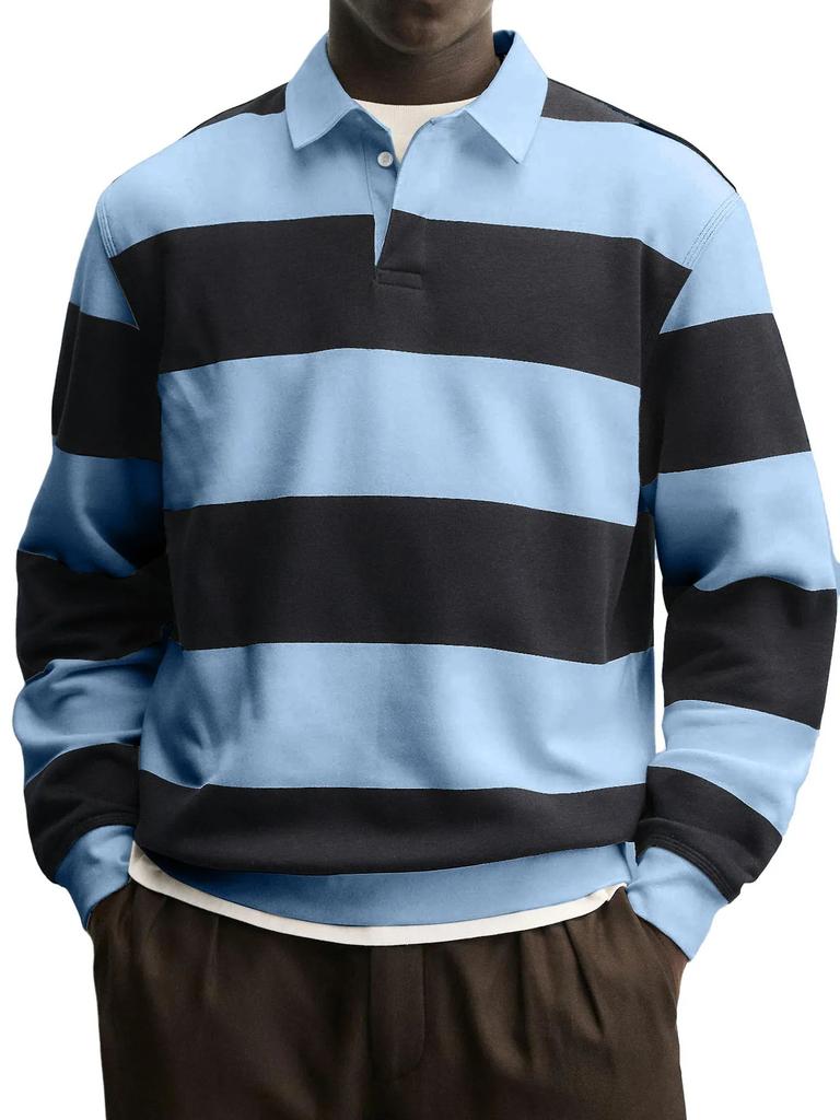 Men's Striped Long Sleeve Polo Shirt Relaxed Fit Turn Down Collar Casual Rugby Style Top
