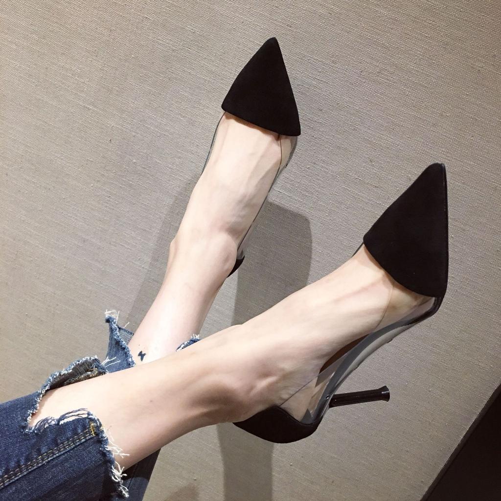 Fashion pointed toe leather patchwork transparent high heels shoes woman candy yellow pumps stiletto thin heel clear escarpins femme