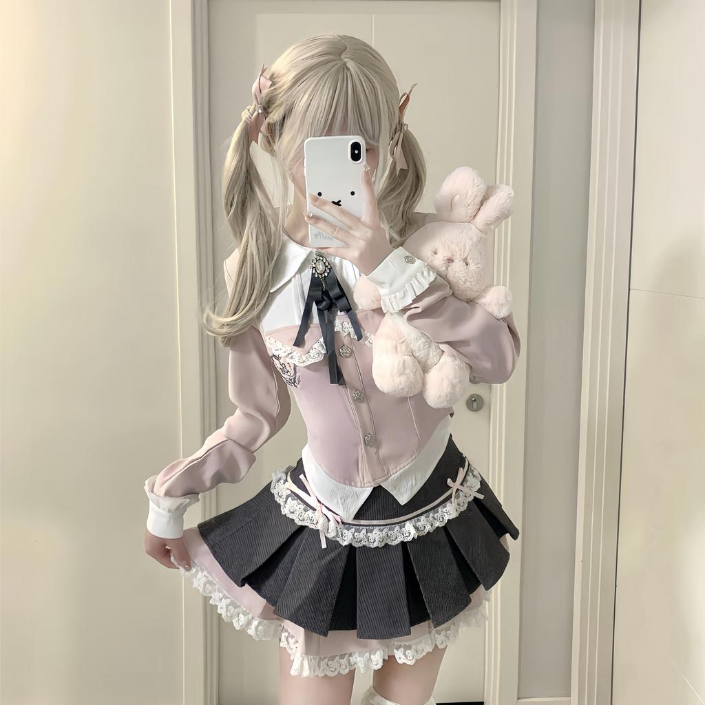 Ligwon Gothic Lolita JK Uniform Set with Mini Pink and Harajuku Korean Christmas Women's Skirt, Gray, Style, Style, Spring, Summer, Autumn, Halloween,