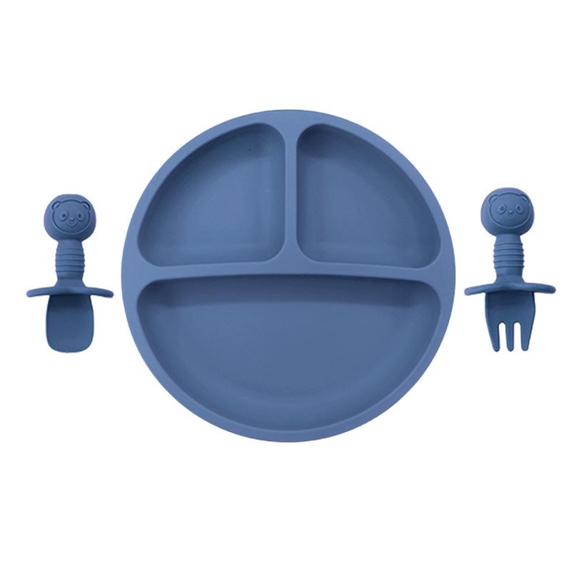 Children's Silicone Divided Plate & Cartoon Bear Spoon Fork Set - Drop-Proof Infant Feeding Tableware