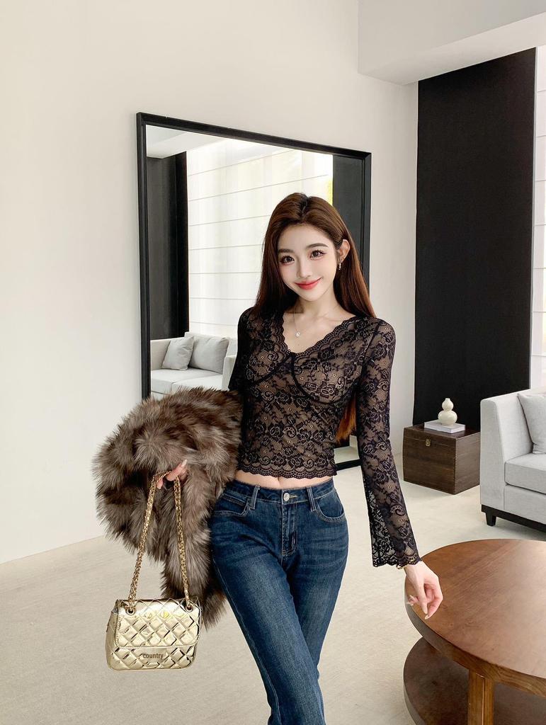 Lace Sexy V-neck Women's Long Sleeve T-shirt with Chest Pads