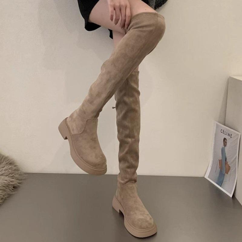 

Модные женские полусапожки на среднем каблуке 2025 Модные замшевые туфли на платформе Дизайнерские элегантные зимние классические туфли-лодочки Платье Сапоги до колена De Mujer 40 хаки