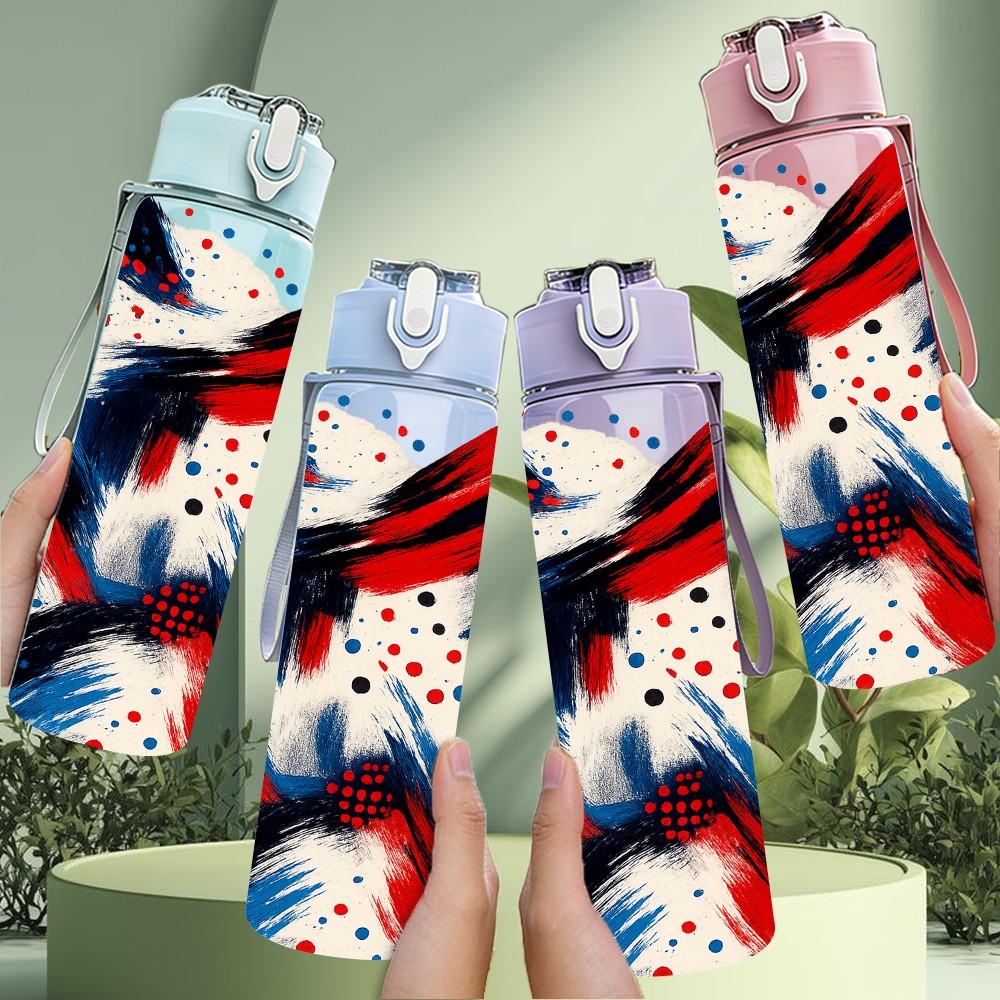 1PC Red Blue White Abstract Swirl Print 750ml Color Plastic Sports Water Bottle Leakproof Flip Straw Lid Suitable for Sports Office Home Use