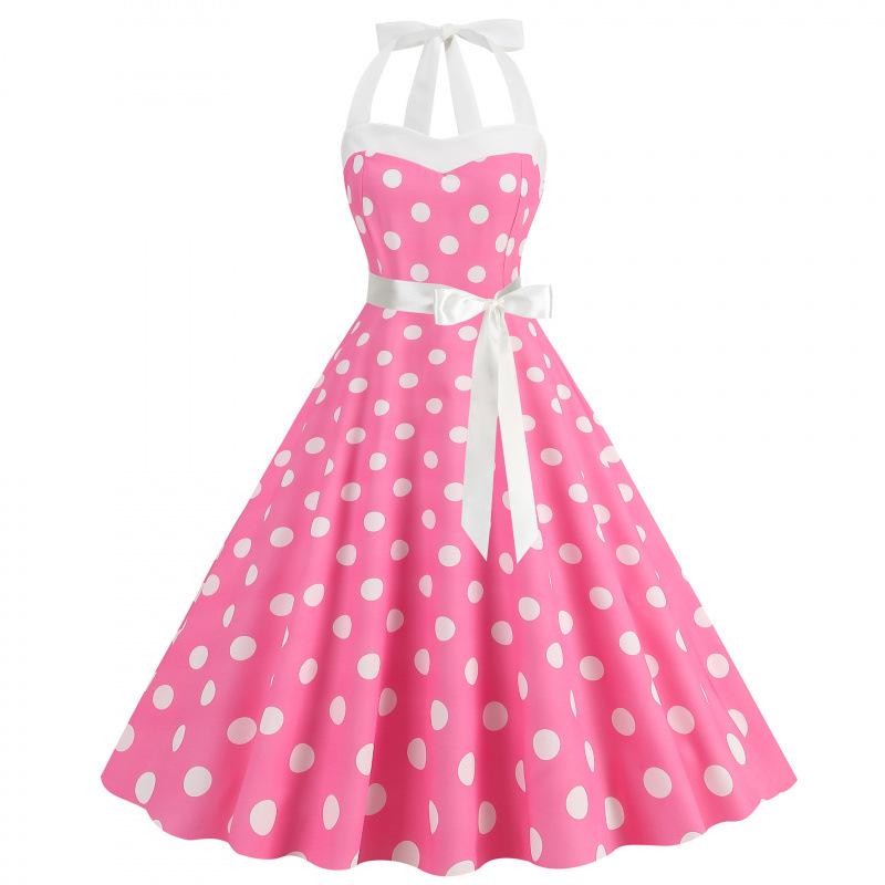 Retro Polka Dot Halter Flared Dress - European & American Hepburn Style with Lace-up Backless Design for Bridesmaid or Performance