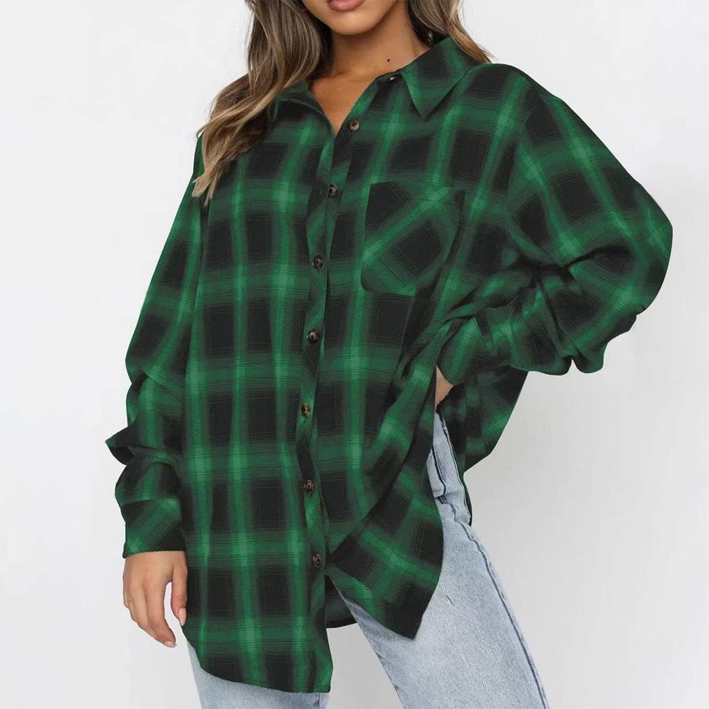 Women's  And Winter Mid-Length Lapel Cardigan Single-Breasted Pocket Plaid Shirt Top