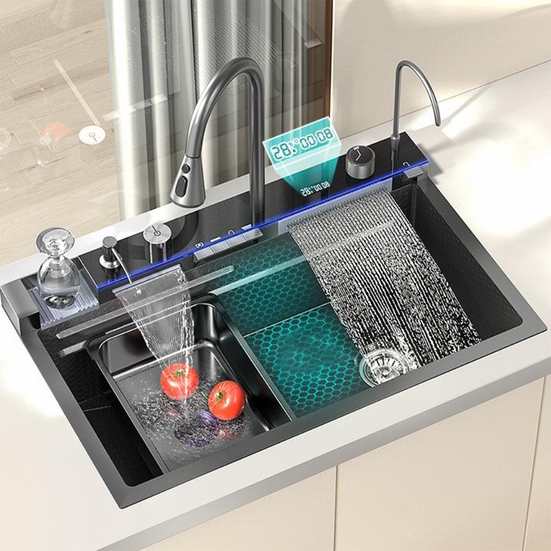 Large Single Bowl Kitchen Sink: 304 Stainless Steel Digital Display with Nano Honeycomb & Waterfall Features