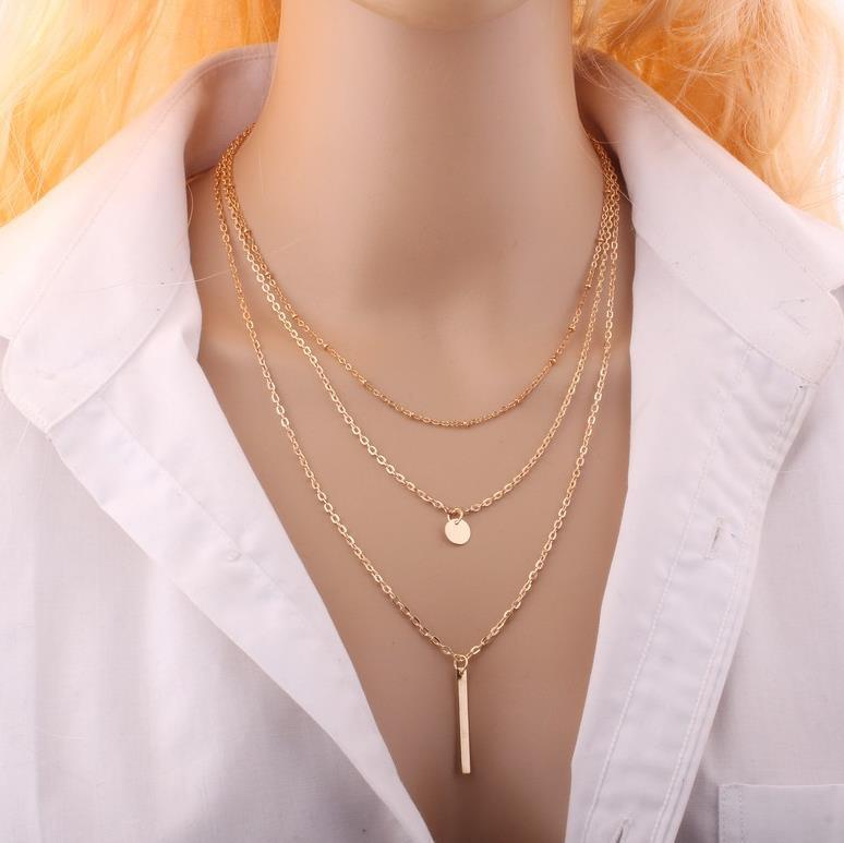 Trendy European & American Multi-layer Copper Chain Necklace with Sequins & Metal Strips