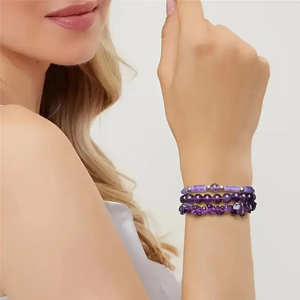 4x13 Square Column Cylindrical Crushed Stone Three Piece Bracelet Amethyst Bracelet