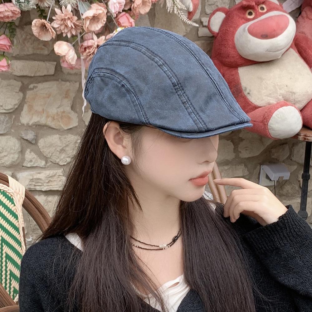 Oil Wax Cloth Beret Do Old Washed Forward Cap Female Beret Show Face Small Retro Minimalist Painter Hat Newsboy Cap