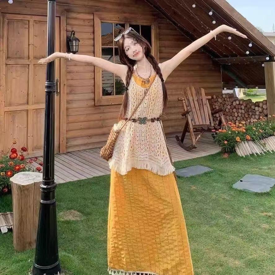 Bohemian Holiday Style Suit, Korean Tassel Suspender Dress Stacked with Hollow Blouse, a Complete Set of Women's Summer