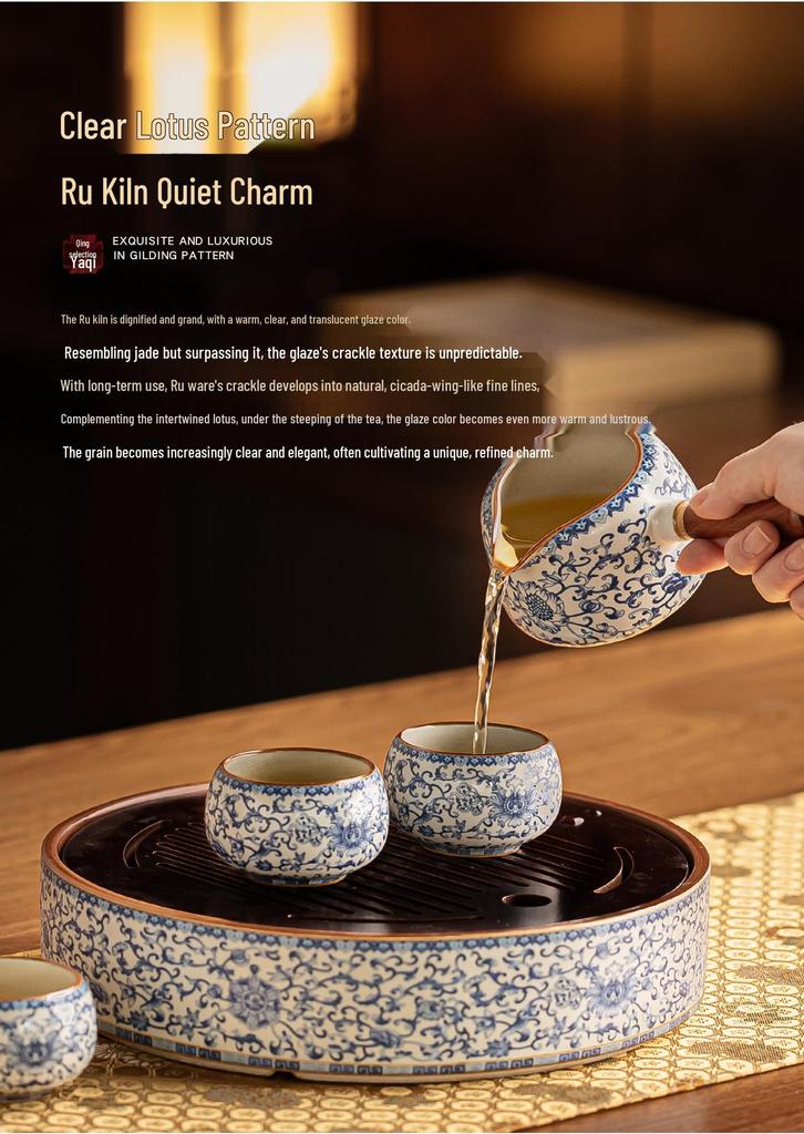 Ru Kiln Blue & White Lotus Luxury Automatic Tea Set - Business Gift for Leaders & Elders
