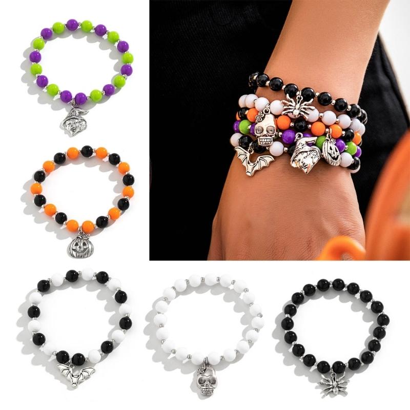 5Pieces Pumpkin Skull Bat Bracelets for Halloween Jewelry Beaded Handchain Personalized Bracelet Set for Women Girl Teen