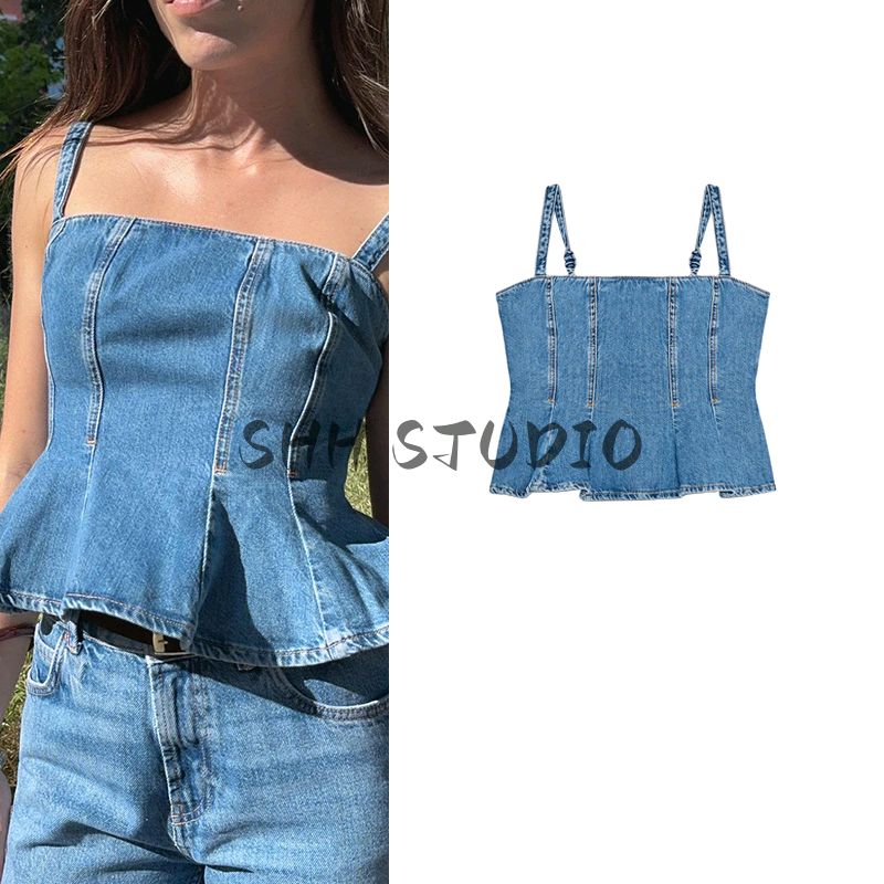 Summer New Product Women's Clothes French Stretch Design A- line Hem Cotton Sling Denim Tops 6164070