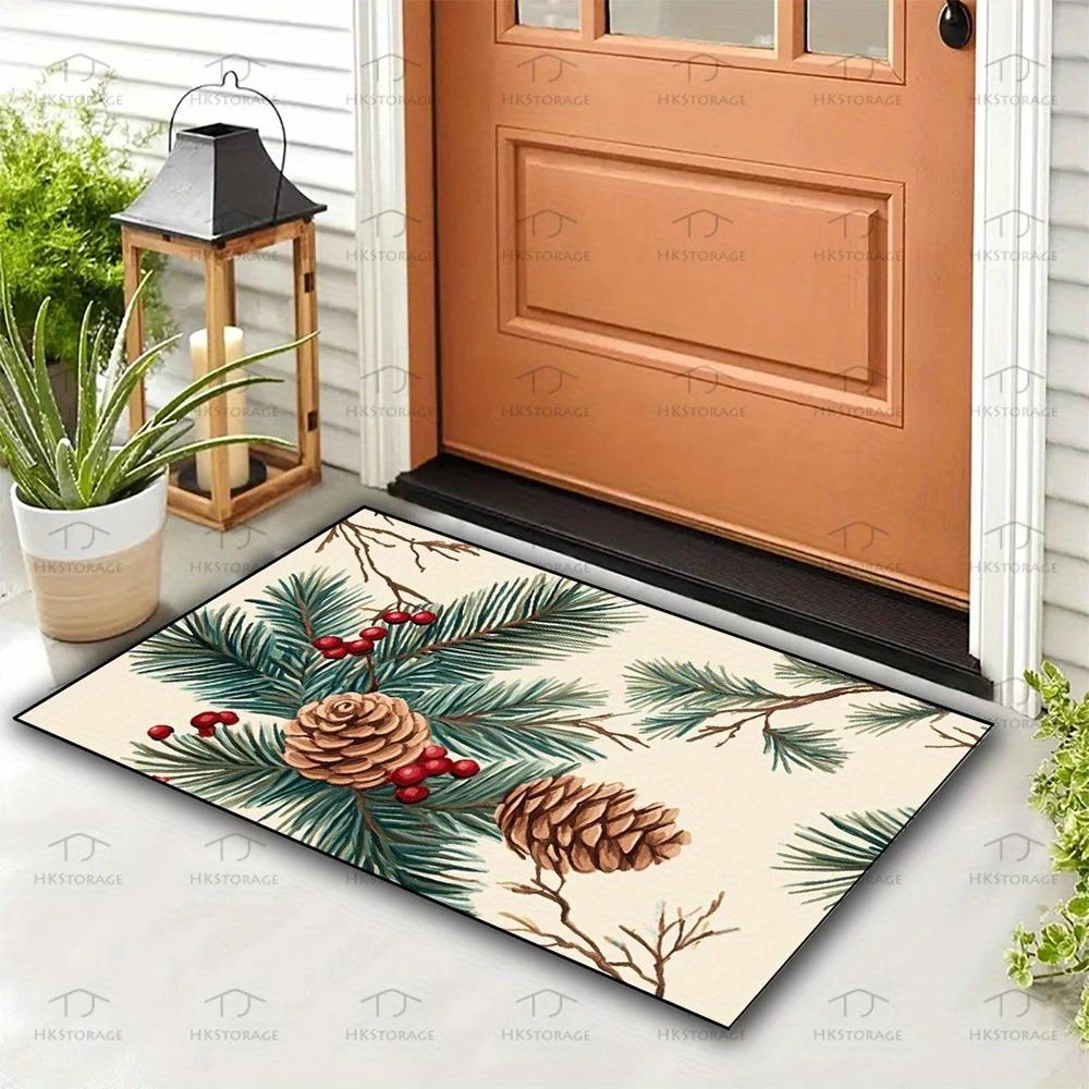 1pc Christmas Red Door Mat with Bow , Holiday Indoor and Outdoor Rear Front Door Welcome Mat Winter Door Mat.