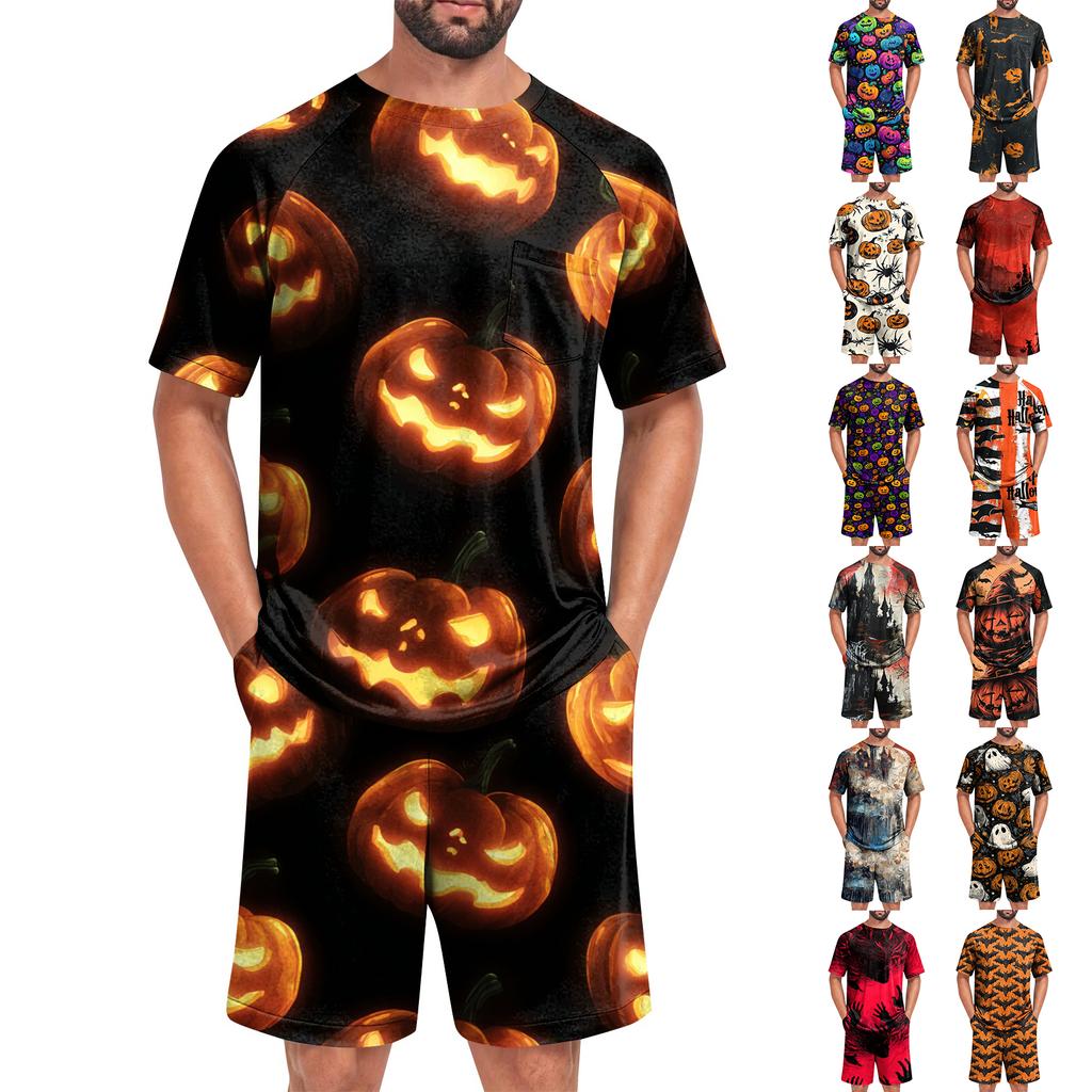 Set Pigiama Casual da Uomo per Halloween Top a Manica Corta e Pantaloncini Leggero Traspirante Abbigliamento da Notte e per il Tempo Libero