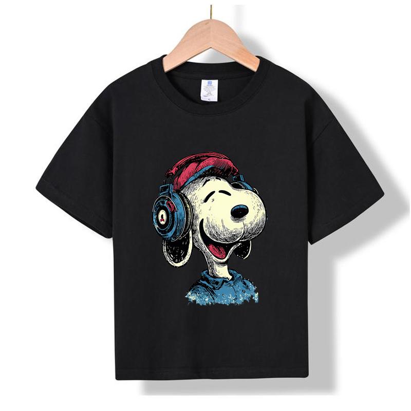 

MC-88 MINISO 2026 Summer Kids 100% Cotton Snoopy Headphones T-Shirt Peanuts Cartoon Music Lover Short Sleeve Tee for Boys & Girls 100