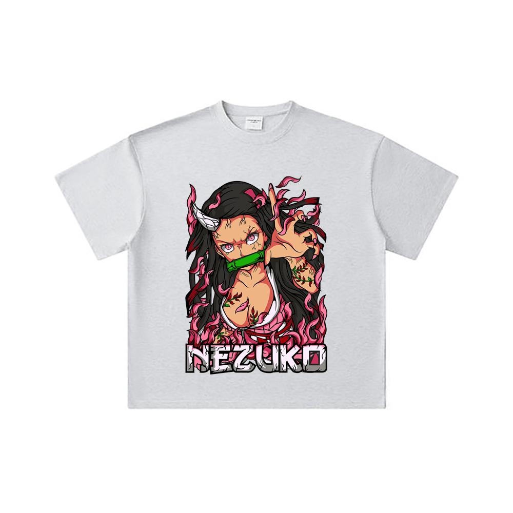 260 GSM Double Yarn 32 Count 100% Cotton Demon Slayer V73 Nezuko Print Unisex Heavy Cotton T Shirt